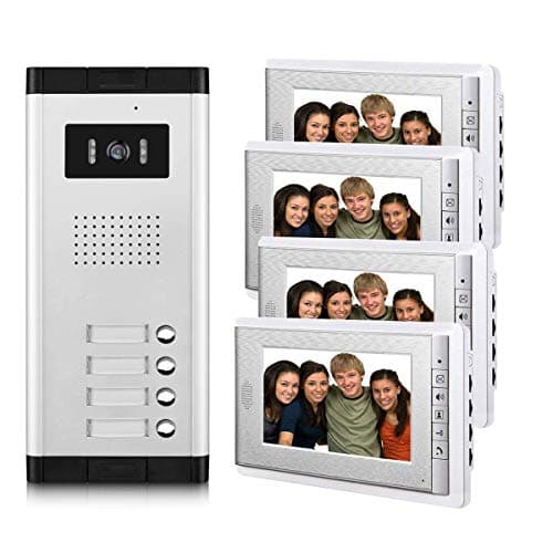 AMOCAM Apartment Video Intercom System, 4 Household Video Doorbell Kits, Wired 7 Inches Monitor, IR Outdoor Camera Support Monitoring, ID Unlock, 2 Way Intercom, 1- Camera and 4-Screen