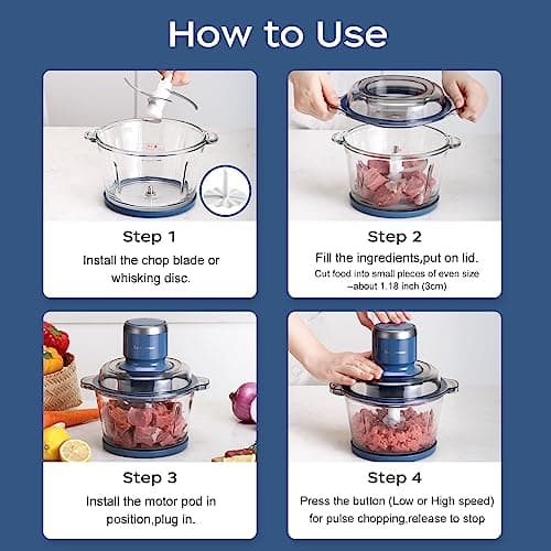 La Reveuse Food Processor,Electric Food Chopper with 7-Cup (1.7L) Glass Bowl, 4 Bi-Level Blades for Chopping,Grinding,Mincing,Whisking,Meal Prep,300W,Blue 6