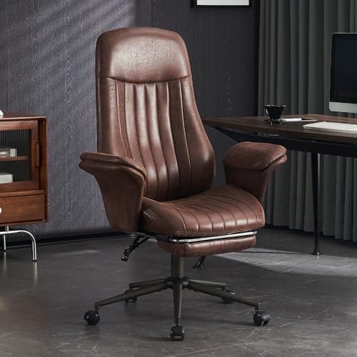 Home Office Desk Chair with Foot Rest, Mid-Century Luxury Faux Suede Leather Ergonomic Computer Chair with Lumbar Support Adjustable Height Rolling Swivel Executive Task Armrests Brown Color