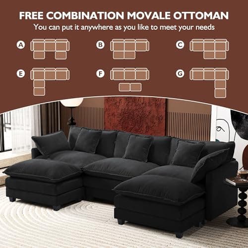 Ihanherry U-Shaped Modern Sofa 111.4" Modular Sectional Cloud Couch with 2 Ottoman, 5-Seat Chenille Deep Seat Sofa with 5 Pillows for Living Room, Black 6