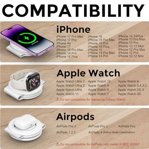 Hicober 3 in 1 Wireless Charging Station for iPhone 15, Magnetic Foldable Travel Charger Station Stand 18W for iPhone Air 17 16 15 14 13 12 Pro/Max/Plus/Apple Watch All Series & Airpods 6
