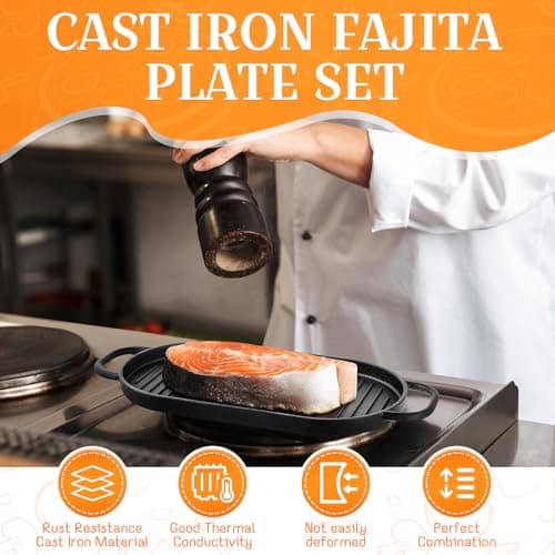Yiyiring 2 Pcs Cast Iron Fajita Skillet Pan Set Sizzling Steak Plate with Wooden Base and Removable Handle Cast Iron Grill Frying Pan for Home Restaurant Kitchen Cooking (12 x 6.3 Inch) 5