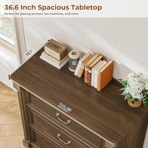 Sikaic 3 Drawer File Cabinet, Farmhouse Filing Cabinet for Letter/Legal Size, Wooden Extended Desktop, Wood Lateral File Cabinets with Printer Stand for Home Office, Framed Drawer Fronts, Retro Brown 6