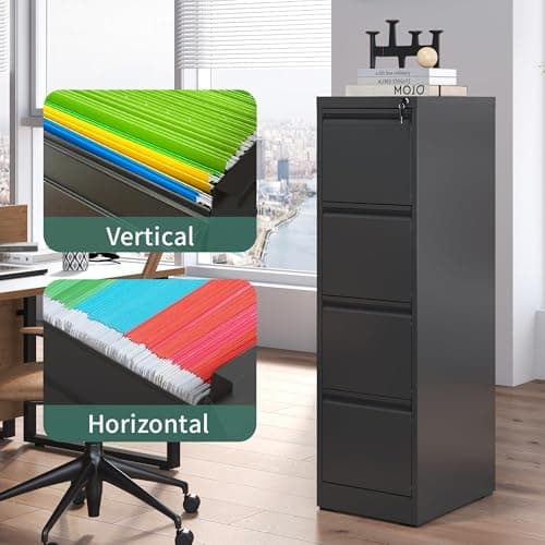 FLIXELIO 4 Drawer File Cabinet with Lock,Metal Vertical Filing Cabinets for Home Office,Heavy Duty File Storage Cabinet for Letter/Legal/A4/F4 Size File,Assembly Require (Black, Vertical 4 Drawer) 6
