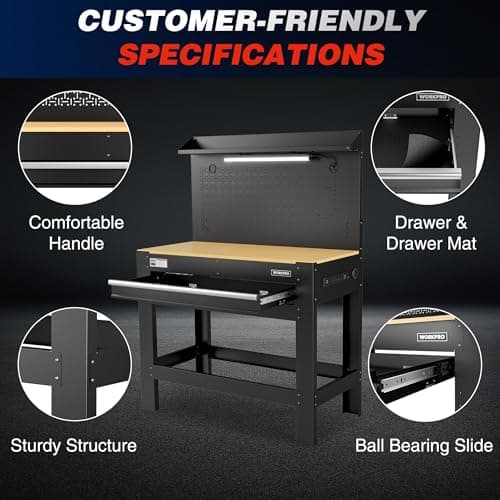 WORKPRO 45" Garage Workbench with Storage, Heavy-Duty Workbench with Pegboard, Power Outlets and Light, 800 LBS Work Bench for Garage, Warehouse, Workshop, Repair Shop 6