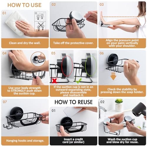 LEVERLOC Soap Holder Dish Bar with Hooks, Bar Soap Holder Suction Cup Wall Mounted, Self Draining Stainless Steel NO-Drilling Removable Waterproof for Shower Bathroom Bathtub Sink-Black 8