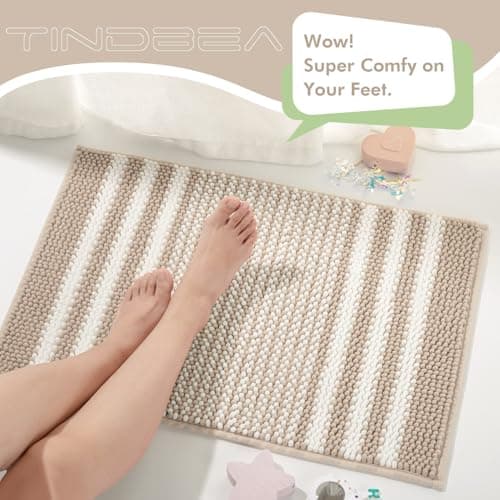 Tindbea Bathroom Rugs Set 2 Piece, Extra Soft and Absorbent Fluffy Striped Chenille Bath Mat Rug Set, Non Slip Bathroom Floor Mat, Machine Washable (20" x 32" Plus 16" x 24", Khaki) 5