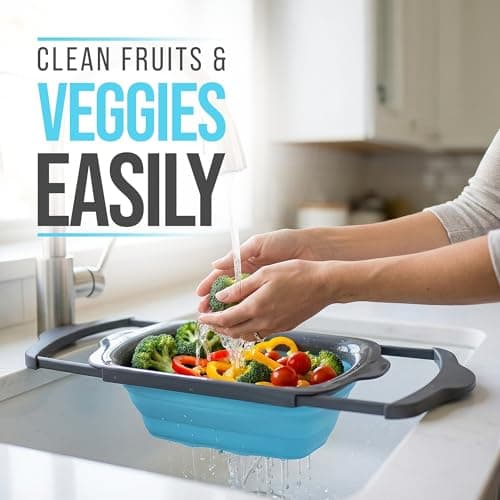 Comfify XL Large Kitchen Strainer - Collapsible Silicone Over - The-Sink Colander with Extendable Handles - Use with Pasta, Fruit, Berries & Veggie - 6 Quart - Blue 5