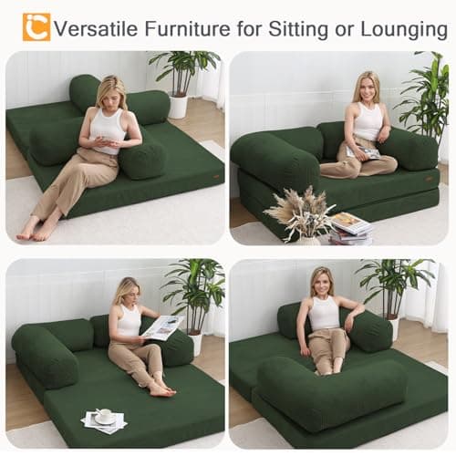 COMAX 4‑in‑1 Futon Sofa Bed Queen – Floor Foldable Convertible Sofa Couch with L‑Shaped Armrests, Removable Cover, Green Convertible Guest Bed | Space‑Saving Fold‑Out Mattress Lounge for Living Room 5