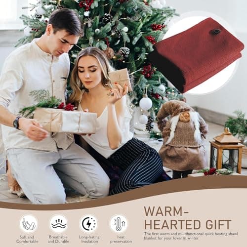 Portable Heated Shawl, Heated Shawl Wraps for Women, 58"X 32" Electric Heating Blanket with 3 Heating Levels, 15s Fast Heating, USB Powered Winter Blanket Wrap with Zipper (Red, No Power Bank) 7