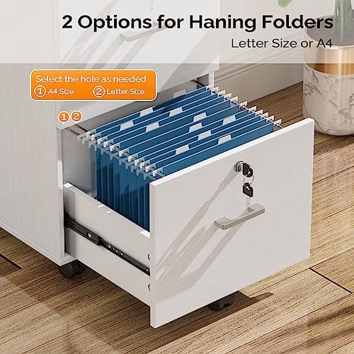 VINGLI 2 Drawer File Cabinet with Lock, Wood Grain White File Cabinets for Letter Size File Folders with Tabs, Mobile Under Desk Filing Cabinets for Home Office, Rolling Filing Cabinet Printer Stand 7