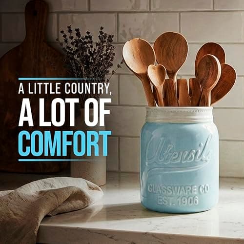 Comfify Wide Mouth Mason Jar Utensil Holder Decorative Kitchenware Organizer Crock, Dishwasher Safe - Kitchen Caddy Aqua Blue for Countertop, Large Size 7" Hight 8