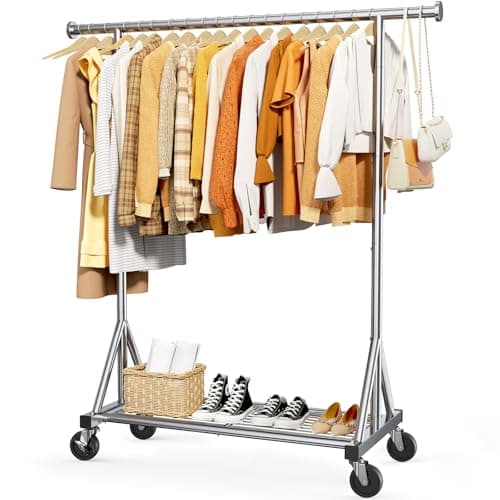 Sakugi Heavy Duty Stainless Steel Rolling Clothes Rack with Mesh Shelf, Lockable Wheels & Anti-Slip Stoppers, Large Capacity Clothing Organizer for Bedroom, Laundry Room, 42.5" x 16.5" x 65.9", Silver