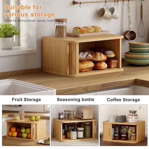 WOWLIVE Bread Box for Kitchen Countertop, Large Roll Top Bread Boxes with Sliding Door, Airtight Bread Storage Container for Loaves, Pastries & Bagels, Bamboo Counter Organizer (Natural, Medium) 5