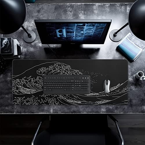 Japanese Gaming Mouse Pad Abstract Black Mouse Pad 31.5x11.8 Inch Black Sea Wave Texture Non-Slip Rubber Base Large Ocean Mousepad Stitched Edges Keyboard Mouse Mat Desk Pad for Office and Home 7