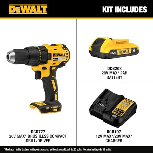 DEWALT 20V MAX Cordless Drill Driver Set, Electric Drill, Brushless 1/2 In 2 Speed, 2.0 Ah Battery and Charger Included, LED Light (DCD777D1) 3