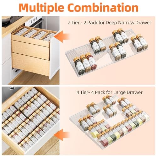 PanPanPal Spice Drawer Organizer, 4 Tier- 4 Pack Clear Acrylic Drawer Seasoning Organizer, Expandable From 11'' to 22'' Kitchen Spice Rack Organizers and Storage for Drawer (Jars not included) 5