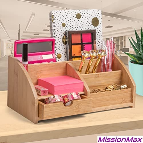 MissionMax Medium Bamboo Caddy Desk Organizer and Storage with Drawer and Compartments for all your Office and Home needs 8
