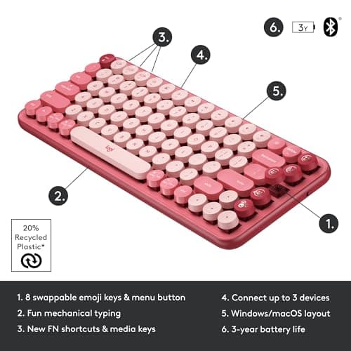 Logitech POP Keys Mechanical Wireless Keyboard with Customizable Emoji Keys, Durable Compact Design, Bluetooth or USB Connectivity, Multi-Device, OS Compatible - Heartbreaker Rose 7