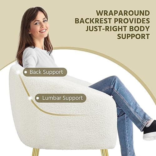 Yaheetech Sherpa Fabric Accent Chair, Modern Cozy Vanity Chair with Gold Metal Legs, Boucle Fabric Armchair with Removable Seat Cushion for Living Room Bedroom Office Guest Room, Ivory 8