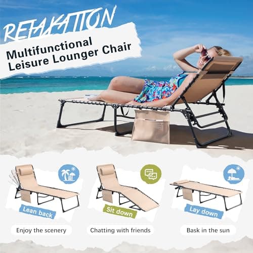 Greesum Chaise Lounge Folding Tanning Chair with 5 Position Adjustable Back, Detachable Pillow & Pocket Outside Pool, Beach, Sunbathing, Beige 5