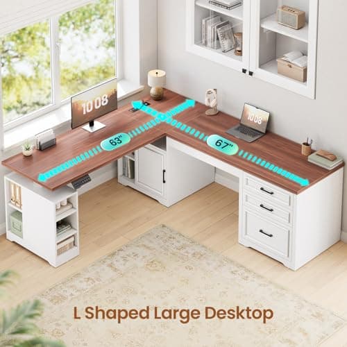 SEDETA Farmhouse L Shaped Electric Standing Desk, 63" x 67" Height Adjustable Home Office Executive Desk with Drawers and Shelves, Standing Computer Desks with Power Outlet for Home Office, White 5