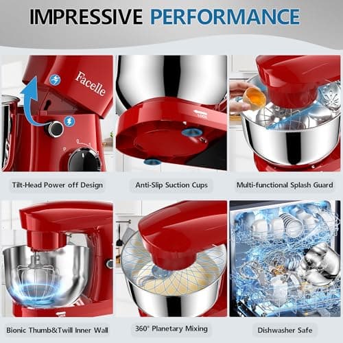 Facelle Stand Mixer, 10-Speed 6QT Kitchen Electric Mixer, Tilt-Head Food Mixer with Beater, Dough Hook, Wire Whip and Egg Separator, scraper for Most Home Cooks - Red 7