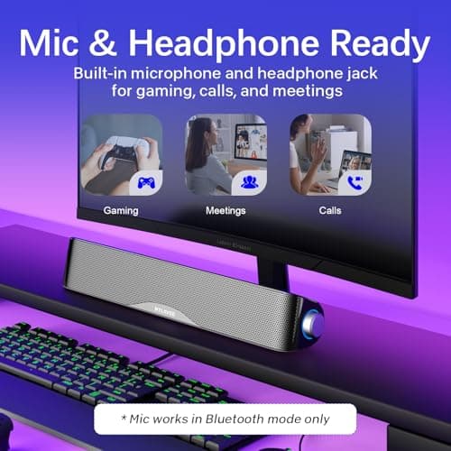 Nylavee Computer Speakers, Hi-Fi Stereo Computer Sound Bar with Bluetooth & 3.5mm Aux, USB/USB-C Powered for Desktop PC, Laptop & Monitor, Built-in Mic and Headphone Jack 5