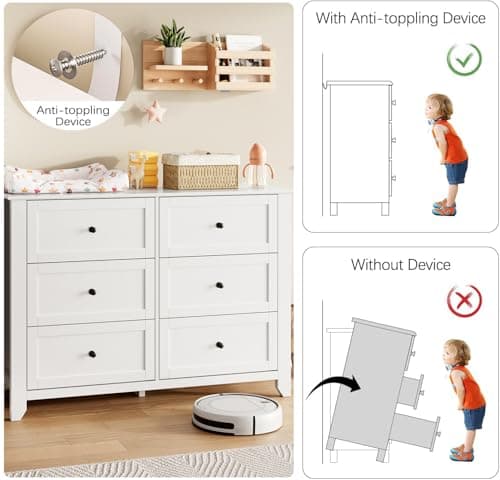 IDEALHOUSE White Dresser for Bedroom, Large 6 Drawer Dresser with Deep Drawers & Metal Knobs, Modern Wooden Double Chests of Drawers for Entryway, Hallway 6