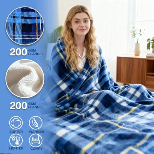 Electric Blanket Heated Throw, Soft Flannel 50"x60" Plaid Heating Blanket with 8 Hours Auto Off 10 Fast Heating Levels Machine Washable Sherpa Heated Blanket with Overheating Protection 5