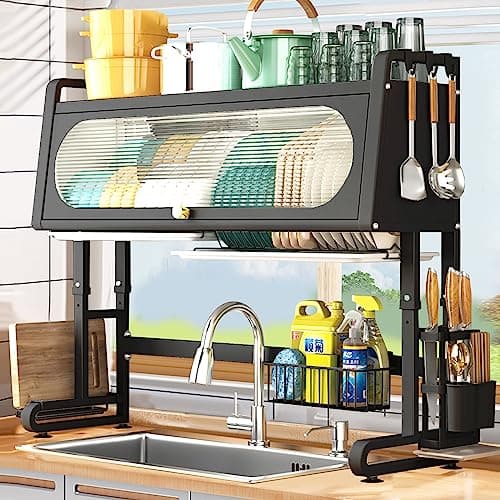 wercome Over The Sink Dish Drying Rack 3 Tier Large Dish Rack Over The Counter Dish Drying Rack for Kitchen Sink Shlef Adjustable (28.34"-31.49") (Black)