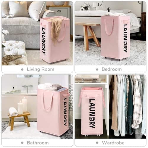 CHICVITA Slim Laundry Hamper with Wheels 75L, Collapsible Rolling Laundry Basket for Living Room, Pink Laundry Hamper for College Dorm 5