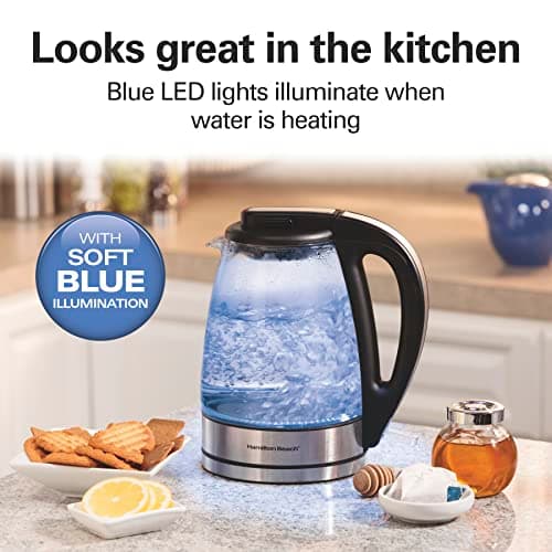 Hamilton Beach Glass Electric Tea Kettle, Water Boiler & Heater, 1 Liter, 1500 Watts for Fast Boiling, BPA Free, Cordless Serving, Auto-Shutoff & Boil-Dry Protection, Soft Blue LED (40930) 5