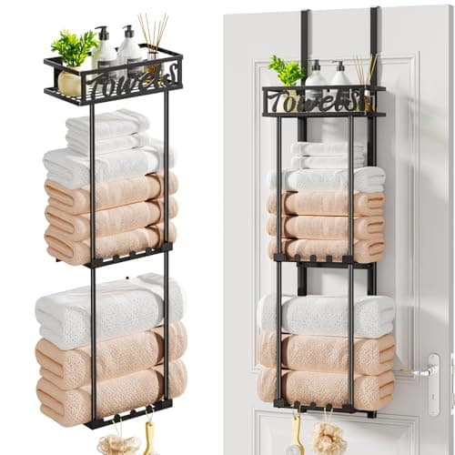 HapiRm Towel Rack Bathroom Storage - 3 Tier Over The Door & Wall Mounted Rolled Towel Racks Holder Organizer with Metal Shelf and 6 Hooks for Small Bathroom, Camper, Rv - Black (for 1.77 in Doors)