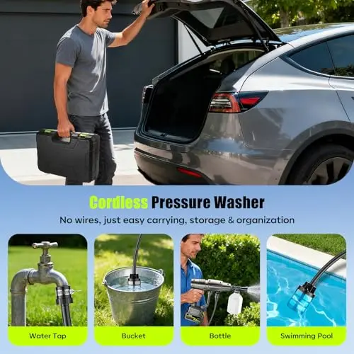 YKYI Cordless Pressure Washer, 30 Speed Level with 6-in-1 Nozzle, 24FT High-Elastic Hose, Handheld Pressure Washer for Car Cleaning (Light Grey&Green) 6