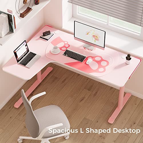 EUREKA ERGONOMIC Pink L Shaped Gaming Desk, 60 Inch Large Home Office Corner PC Computer Table Study Writing Modern Workstation Girls Female Gifts L60 w Mouse Pad Cable Management, Space Saving, Left 7
