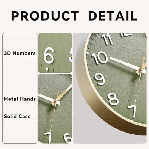 Roymnie Wall Clock Green, Silent Wall Clocks Battery Operated 8 Inch-Modern Non Ticking Analog Clock Decorative for Kitchen Office Bathroom Bedroom(Gold) 9