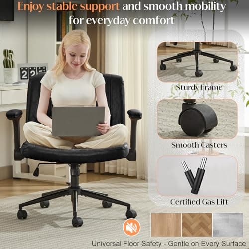 SAMERY Criss Cross Chair with Adjustable Flip-Up Arms, Wide Cross Legged Office with Wheels, Desk Vanity Chair Height Adjustable Swivel for Home Office Vanity Computer Task (Black, with Armrests) 7