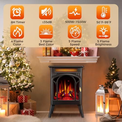 Electric Fireplace Stove, 1500W, Fast Heating, X Infrared Fireplace Heater with Remote Control, 8H Timer, Freestanding Stove with Adjustable 3D Flame Overheat Protection, Indoor Fireplace 2