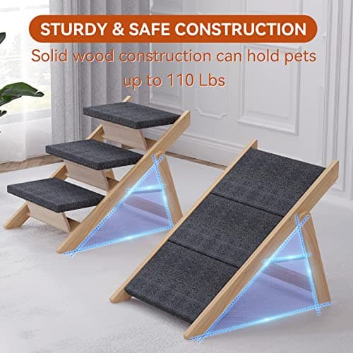 RunLexi Pet Stairs/Steps, Medium Dogs Steps for High Beds, Sofa, Couch, Car, 2-in-1 Foldable Wood Dog Ramp with Non-Slip Pads, Safety, Durable Portable Dog/Cat Ladder Up to 110 lbs, 3 Steps 7