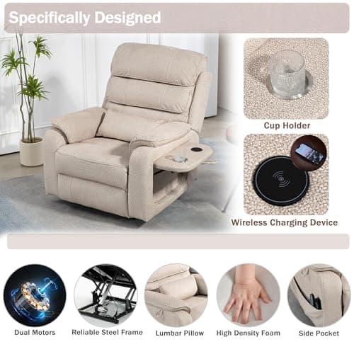 JIKFRIMA Power Lift Recliner Chair for Adults Elderly Lay Flat Velvet Recliners with Massage Heating, Extended Footrest, Wireless Charging Device, USB Ports, Cup Holder, Lumbar Pillow, 400lbs 5