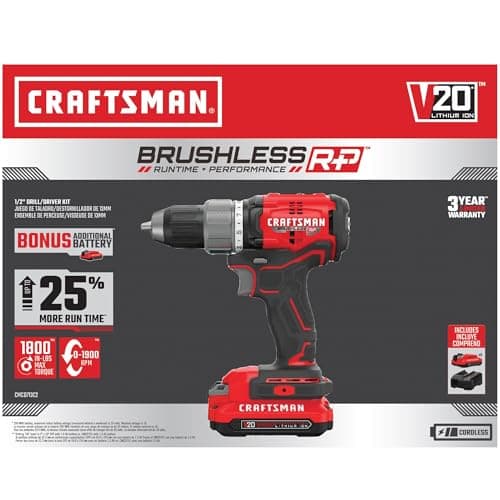 CRAFTSMAN RP+ Cordless Drill/Driver Kit, with 2 Batteries and Charger, Brushless (CMCD713C2) 12