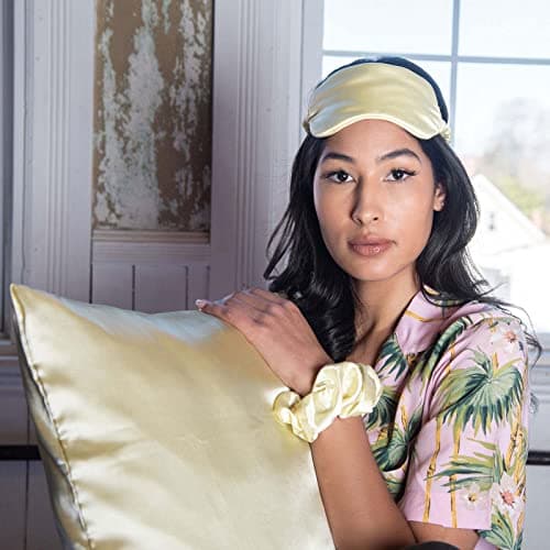 KISMETICS - Vegan Silk Sleep Set, Vegan Silk Pillowcase with Large Scrunchie and Eye Mask for Hair and Skin, Self Care Essential Satin Night Routine Kit (Light Yellow Color) 5
