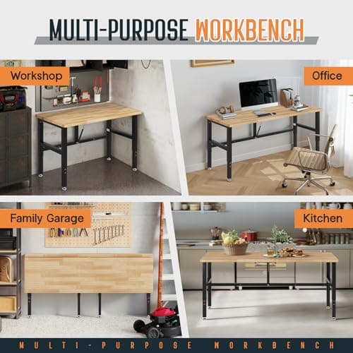 SPECRAFT 60" Folding Workbench, Adjustable Foldable Workbench with 2000 LBS Capacity, 30.7"-40" Height, Rubber Wood Top for Garage, Workshop, Office 8