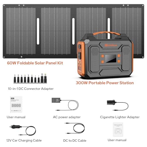 Portable Solar Generator, 300W Portable Power Station with Foldable 60W Solar Panel,110V Pure Sine Wave 280Wh Battery Power Pack with USB DC AC Outlet for Camping Smart Devices RV Van Outdoor-Orange 9