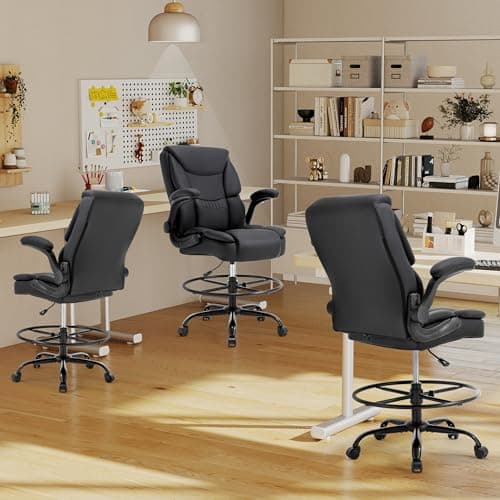 500LBS Drafting Chair, High Back Safer Standing Desk Chair, Executive Tall Office Chair with Flip-up Armrests, Upholstered PU Leather Task Chair, Ergonomic Seat with Adjustable Height&Foot Ring, Black 8