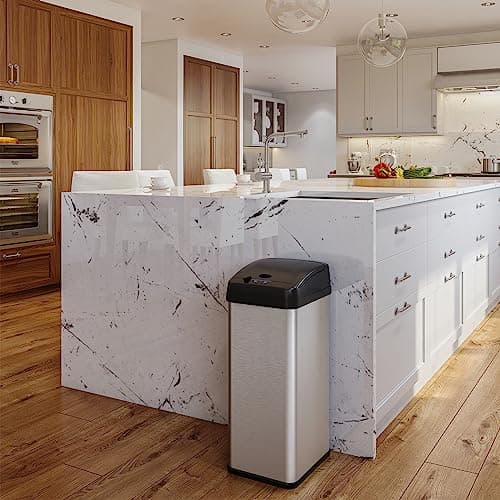 iTouchless 13 Gallon Sensor Kitchen Trash Can with Lid and Odor Filter, Stainless Steel Trashcan Extra-Wide Lid Opening Slim Garbage Bin for Home Office Work Bedroom Living Room Garage Large Capacity 5