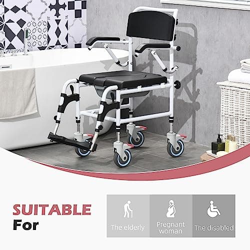 HOMCOM Accessibility Commode Wheelchair, Rolling Shower Wheelchair with 4 Castor Wheels, Rectangle Detachable Bucket, & Waterproof Design, 17" Seat Width, Black 6