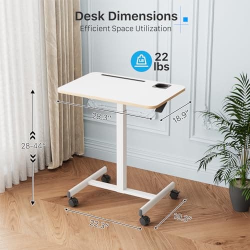 SpaceErgo Mobile Standing Desk, Rolling Laptop Table Adjustable Height with Cup Holder, 28 inch Portable Cart Workstation with 4 Lockable Wheels, White with Hook and Slots for Home Office 7