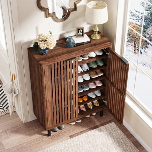 Tribesigns 6-Tier Shoe Cabinet with Shutter Doors, Large Wooden Shoe Organizer Rack with Adjustable Shelves, Modern Farmhouse Hidden Storage Furniture for Entryway, Hallway (Walnut) 9